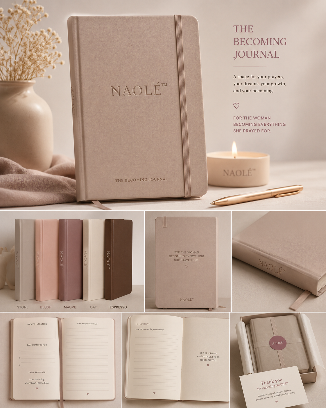 NAOLÉ The Becoming Journal with vase, candle, and pen