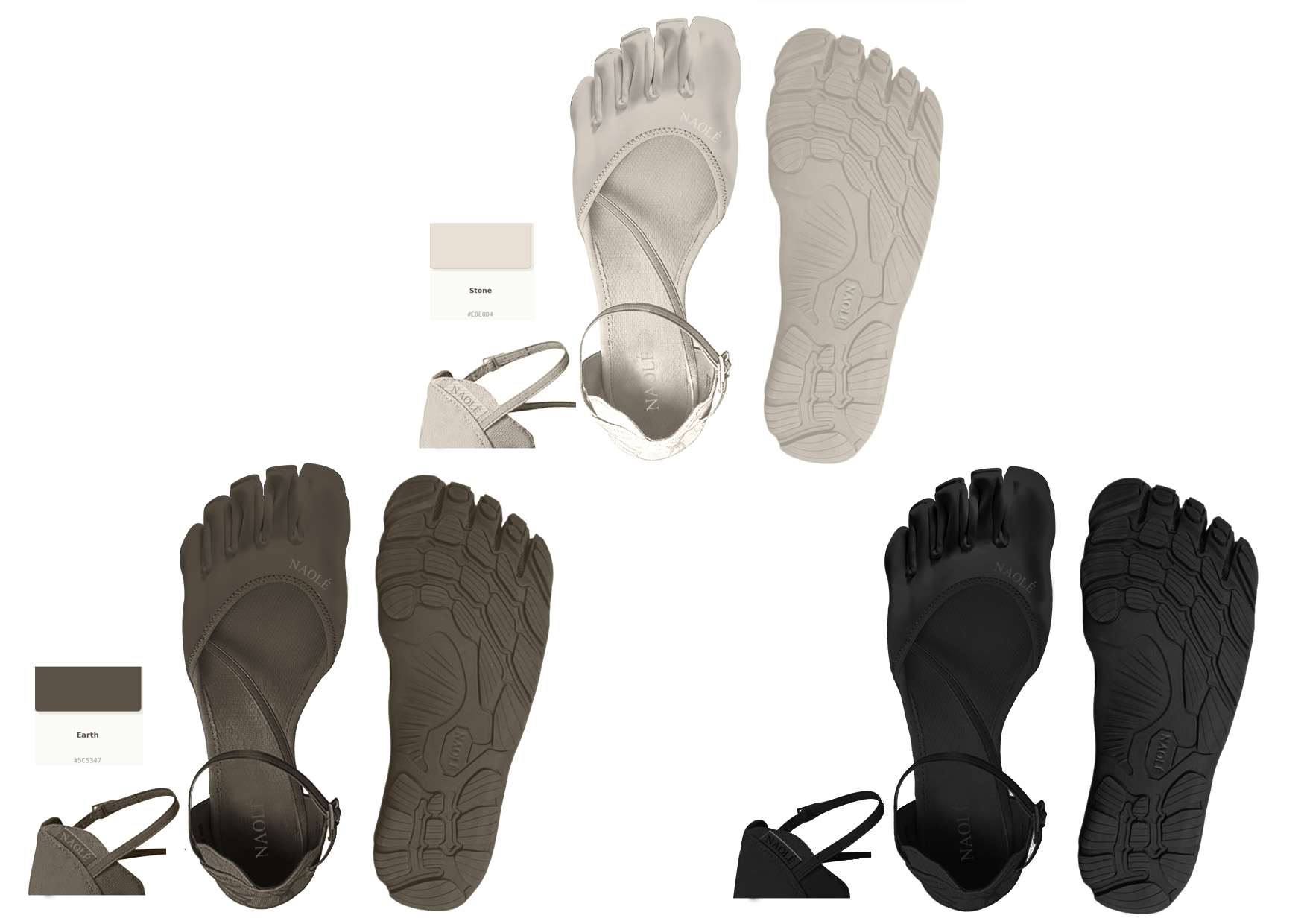 NAOLÉ Genesis toe-shaped minimal footwear in Stone, Earth, and Black colorways, top and sole views