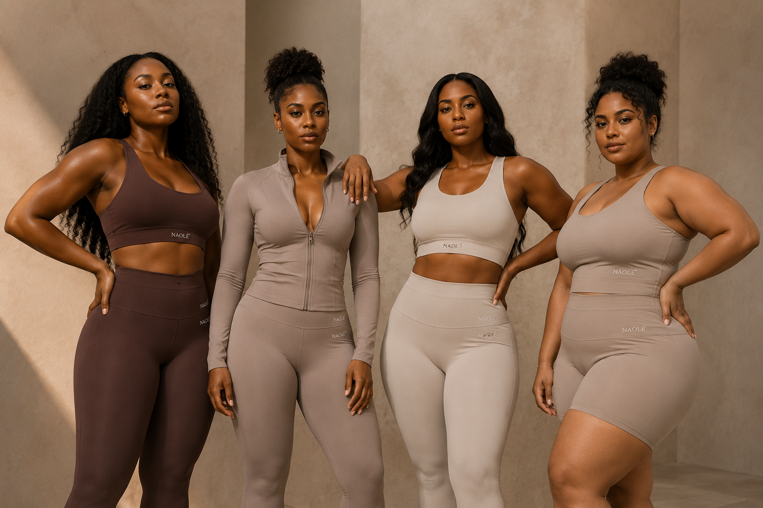 Four women in NAOLÉ Movement activewear in neutral and mauve tones
